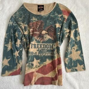 y2k vintage Harley Davidson multicoloured 3/4 sleeve top